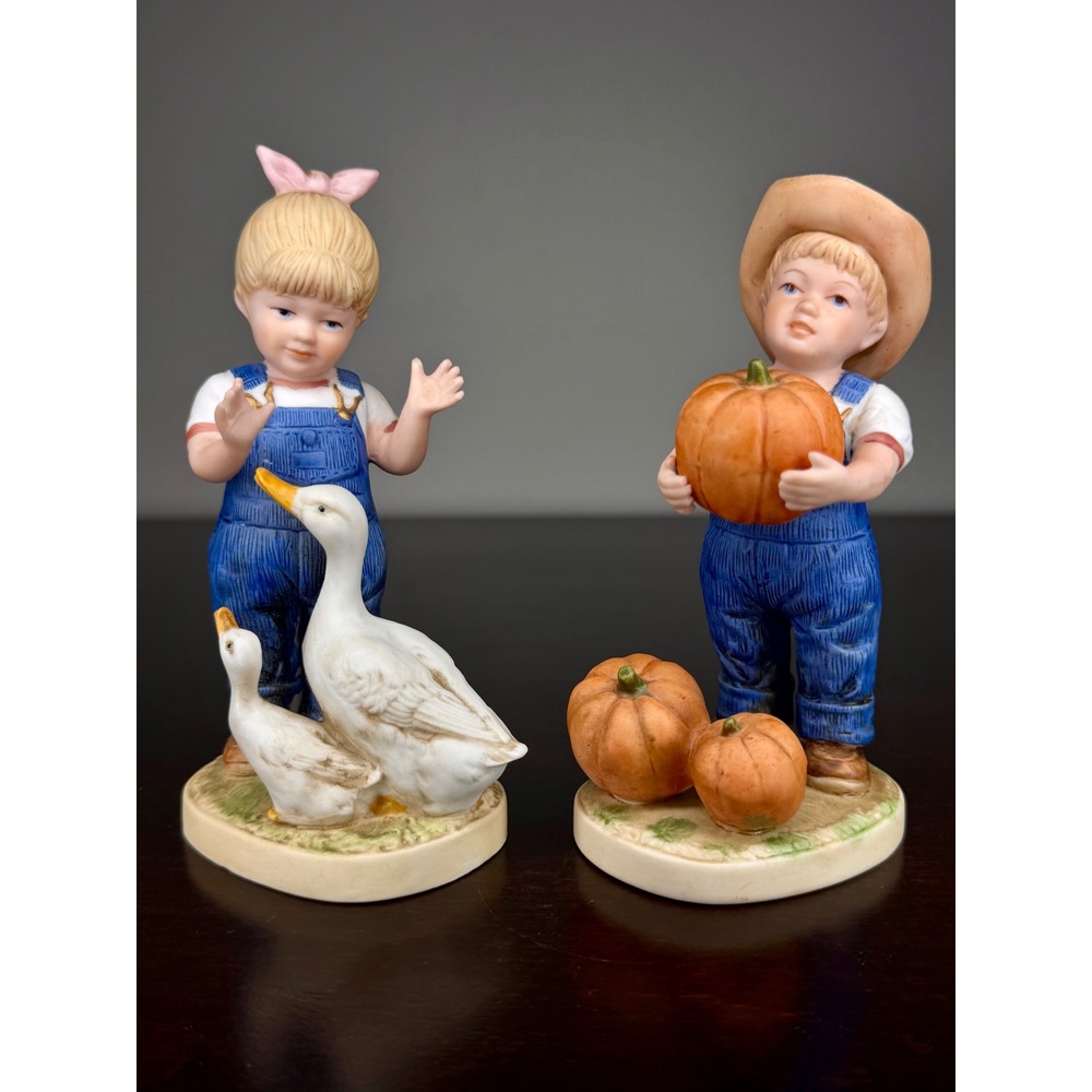 Vintage 1985 Homco Denim Days Figurines Boy with Pumpkins and Girl with Geese